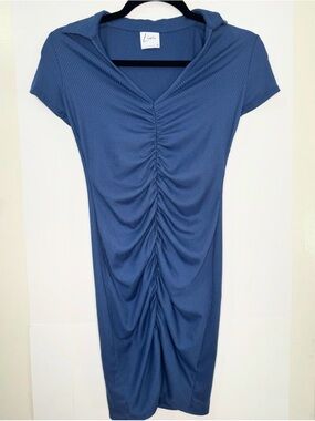 Livi Ribbed Ruched Blue Hooded Dress